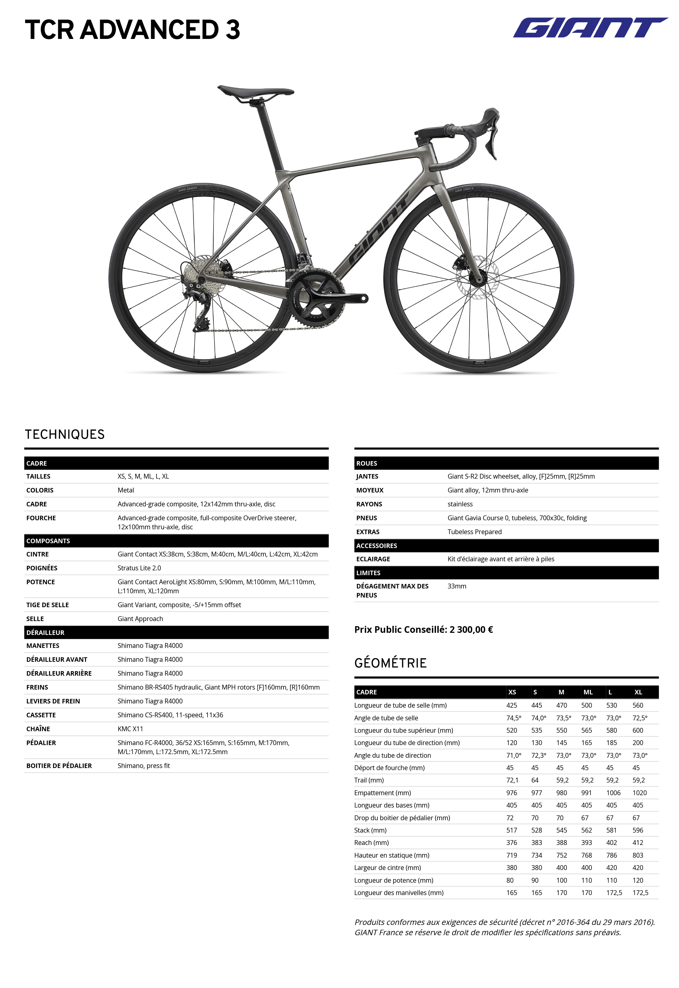 Fiche technique du velo TCR Advanced 3 année 2027